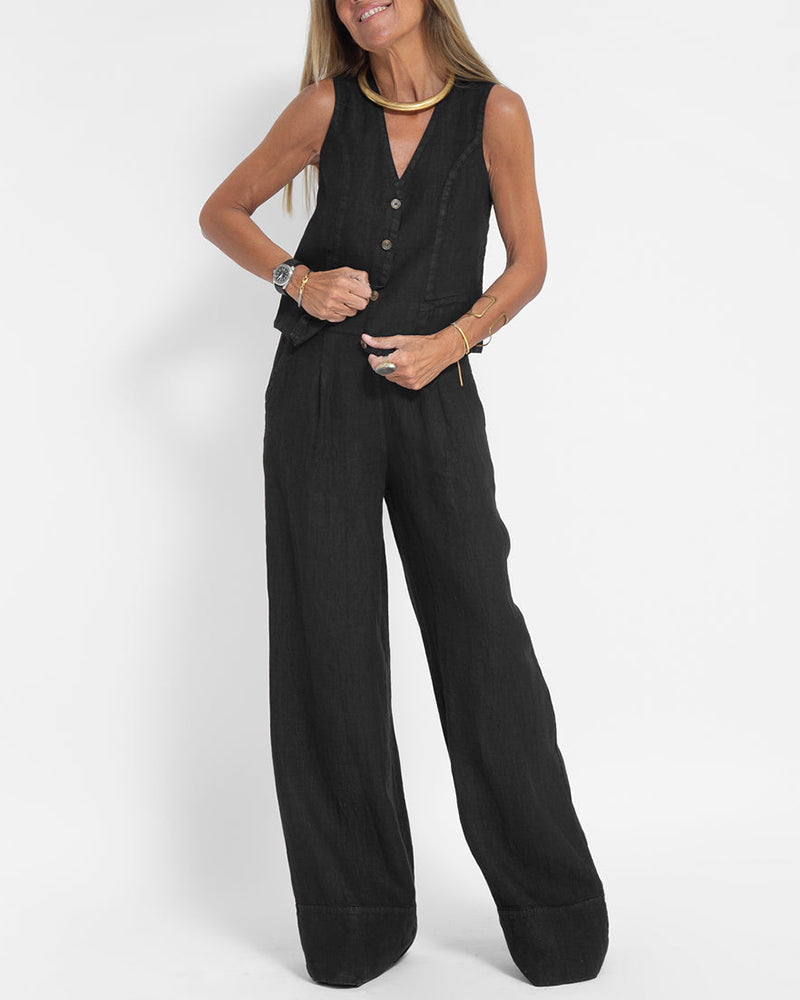 Linen 2-Piece Set with Wide-Leg Pants and Waistcoat – Alma