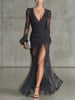 Elegant Lace Dress with V-Neck and Leg Split