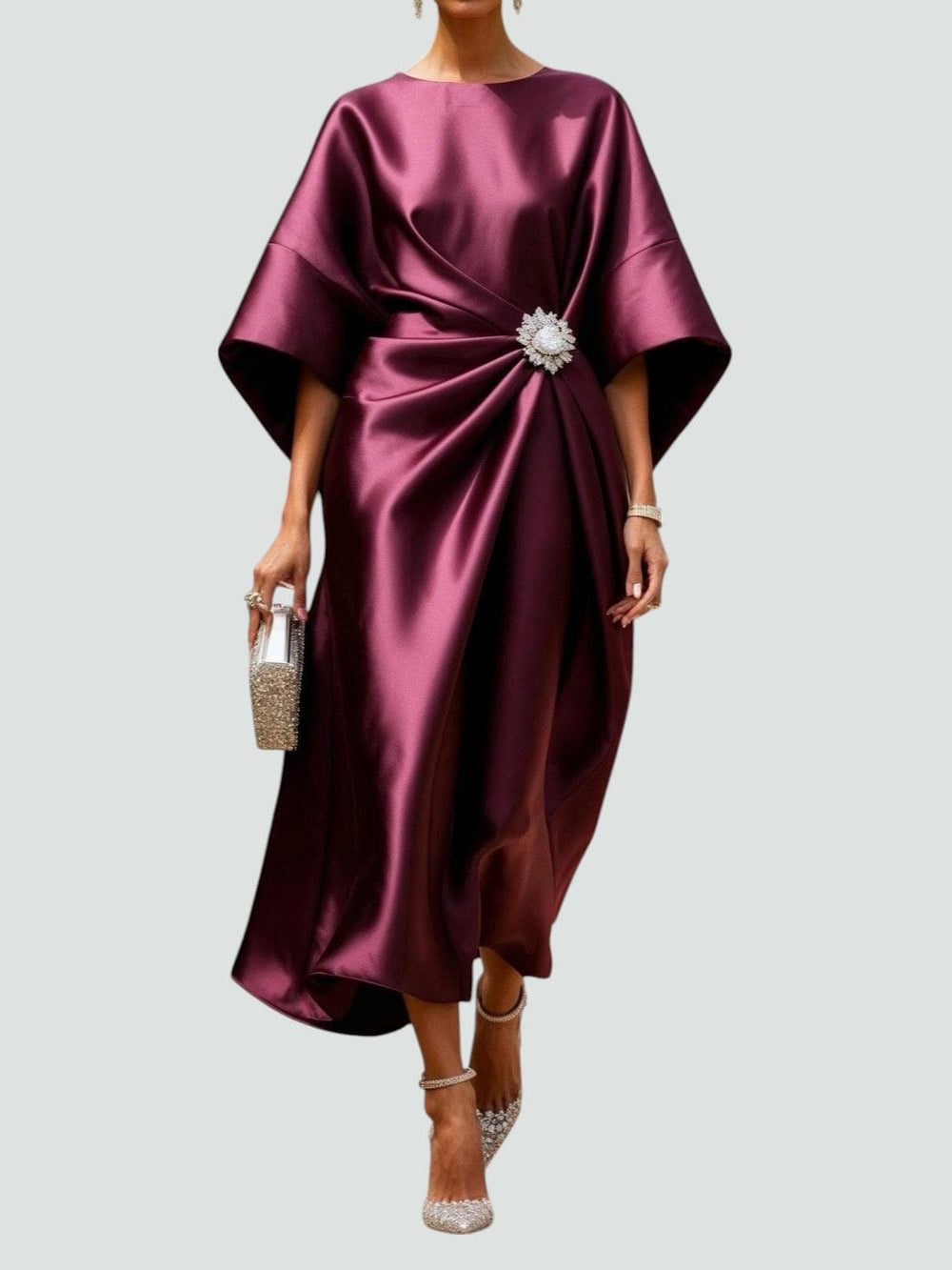 Women's Maxi Dress with Draped Brooch – Evening Dress with Cape Sleeves for Formal Occasions