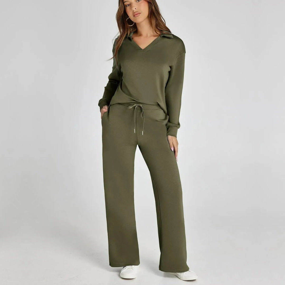 Women's Loungewear Set with V-Neck Sweatshirt and Wide Comfy Pants