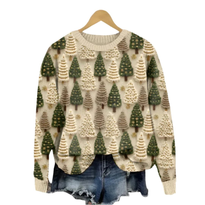 Women's Knit Sweater with Tree Pattern and Round Neckline