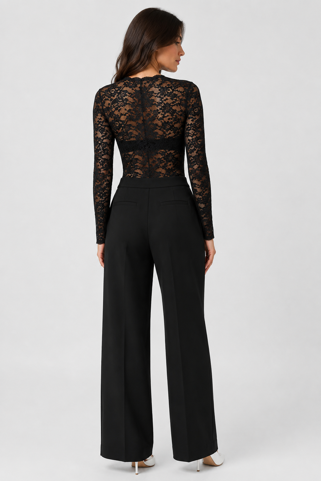 Women's Lace V-Neck Bodysuit with Long Sheer Sleeves, Bodycon Fit