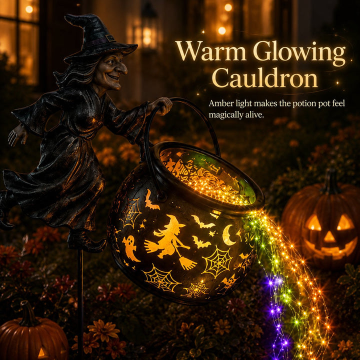 Halloween Witch's Cauldron Garden Lamp with Colorful Glow and Spooky Projections