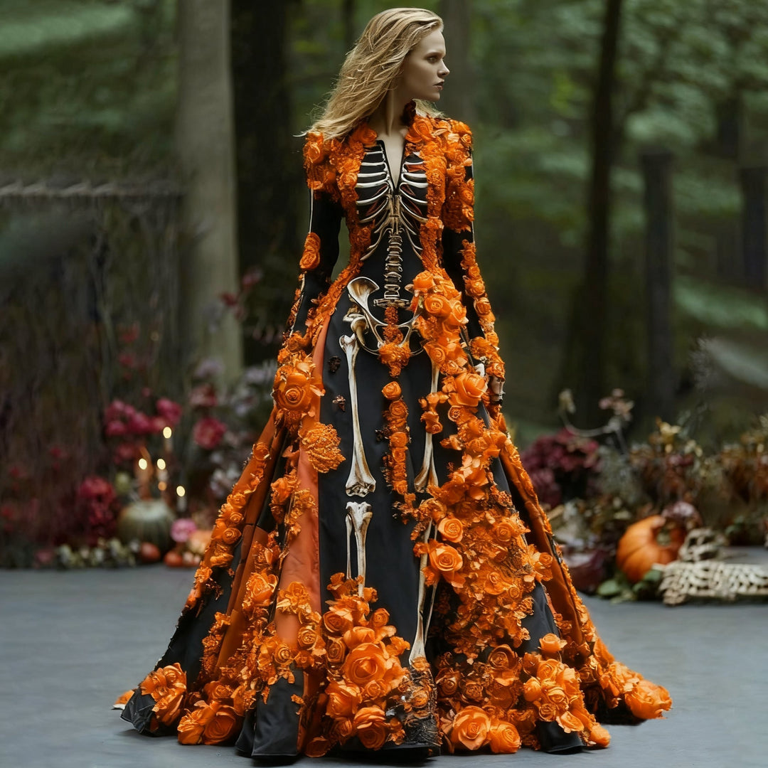 Women's Long-Sleeve Skeleton Floral Maxi Dress for Halloween Parties