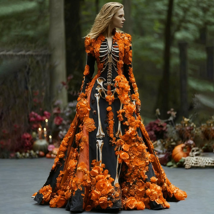 Women's Long-Sleeve Skeleton Floral Maxi Dress for Halloween Parties
