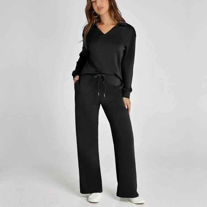 Women's Loungewear Set with V-Neck Sweatshirt and Wide Comfy Pants