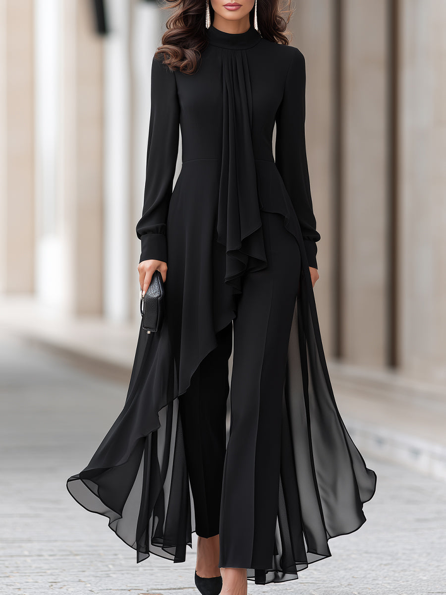 Women's Chiffon Tunic and Wide-Leg Pants Set with Draped Scarf