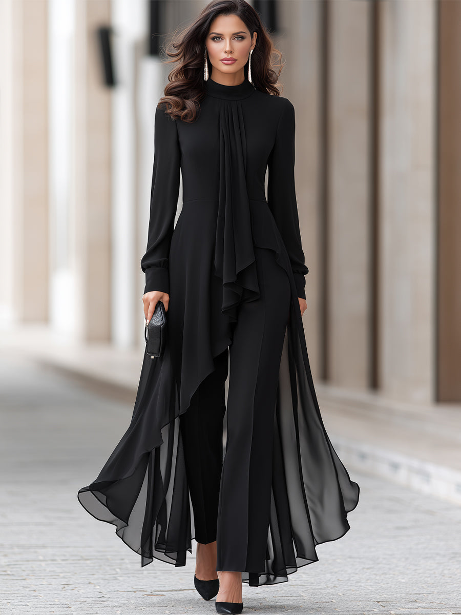 Women's Chiffon Tunic and Wide-Leg Pants Set with Draped Scarf