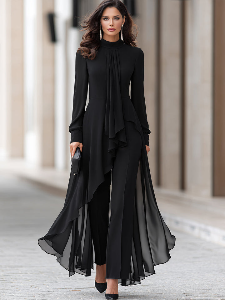 Women's Chiffon Tunic and Wide-Leg Pants Set with Draped Scarf