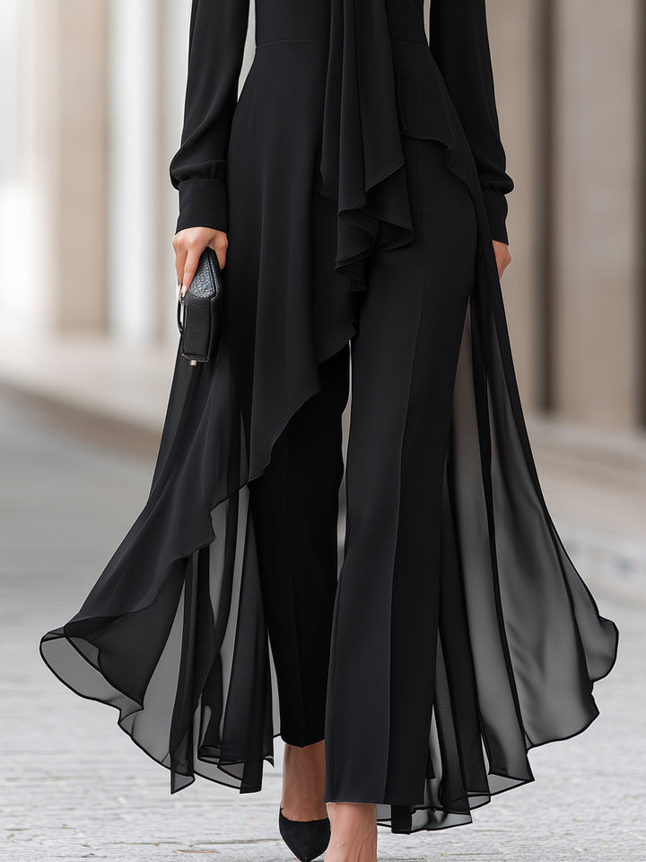 Women's Chiffon Tunic and Wide-Leg Pants Set with Draped Scarf