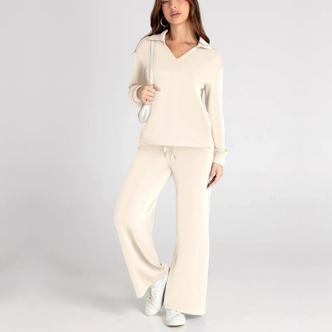 Women's Loungewear Set with V-Neck Sweatshirt and Wide Comfy Pants