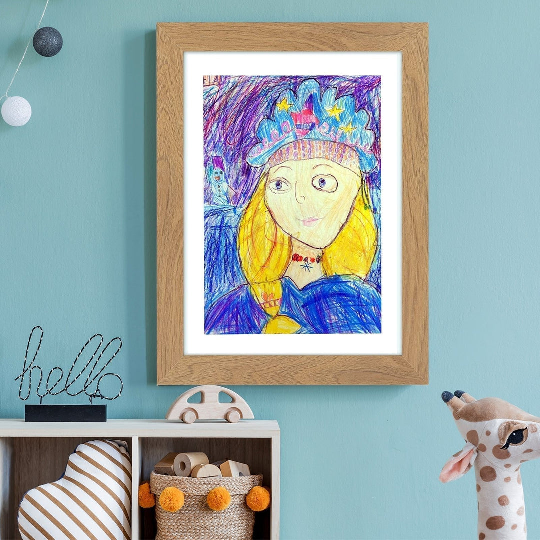 Children's picture frame with hinged opening for A4 drawings, holds up to 150 pieces, MDF and tempered glass