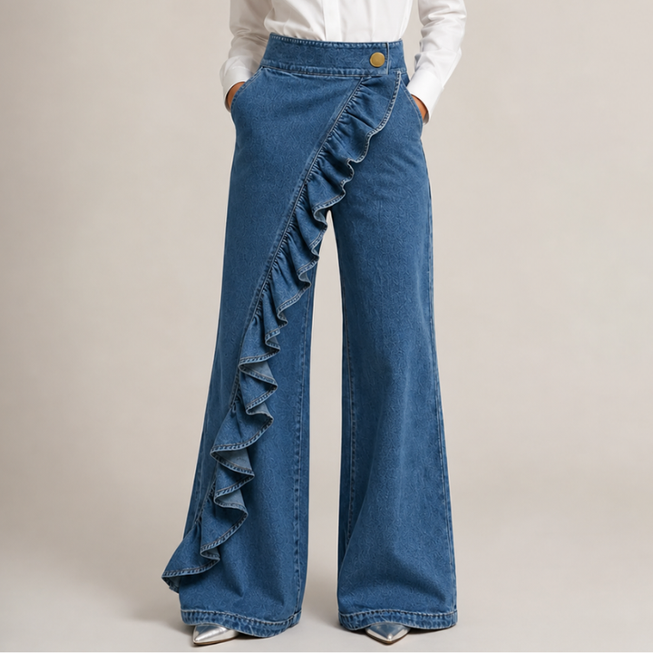 Wide-Leg Women's Jeans with Asymmetric Flounce in Culotte Style.