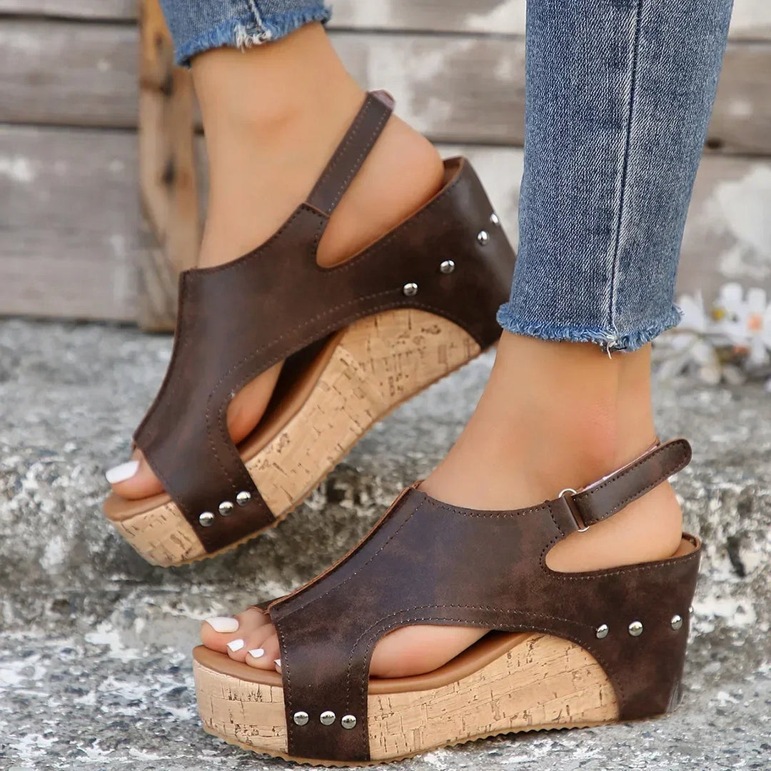 Cross-Tied Peep-Toe Wedge Sandals