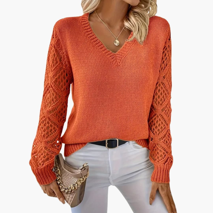 Women's Fine Knit Sweater with V-Neck and Long Sleeves
