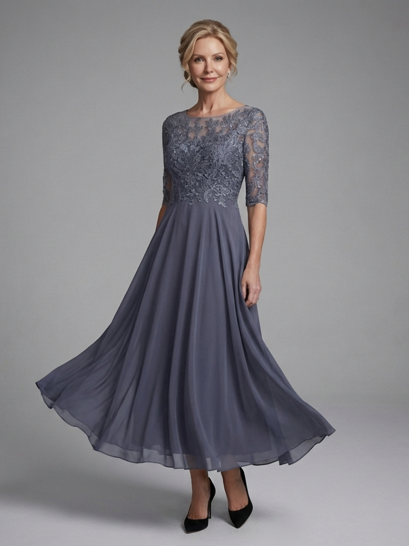 Women's Midi Dress Lace Bodice with Sheer Sleeves