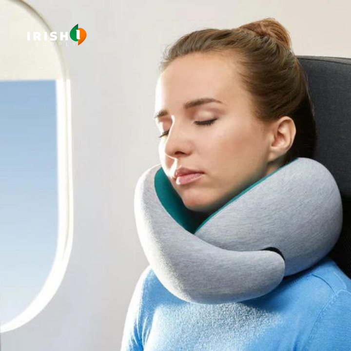 Front-support neck travel pillow with memory foam and fastener for sleeping on a plane