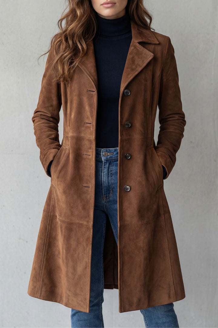Women's Long Coat Faux Suede Look with Classic Collar