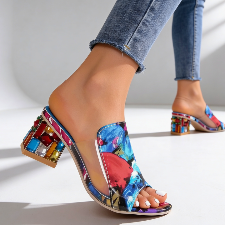 Women's Rhinestone Block Heel Slides - Peep-Toe Sandals