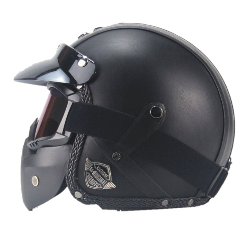 Vintage PU Leather Motorcycle Helmet with Visor and Goggle Mask