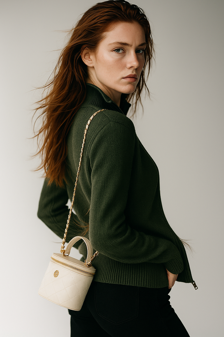 Women's Wool Zip Cardigan – Knitted Cardigan with High Collar