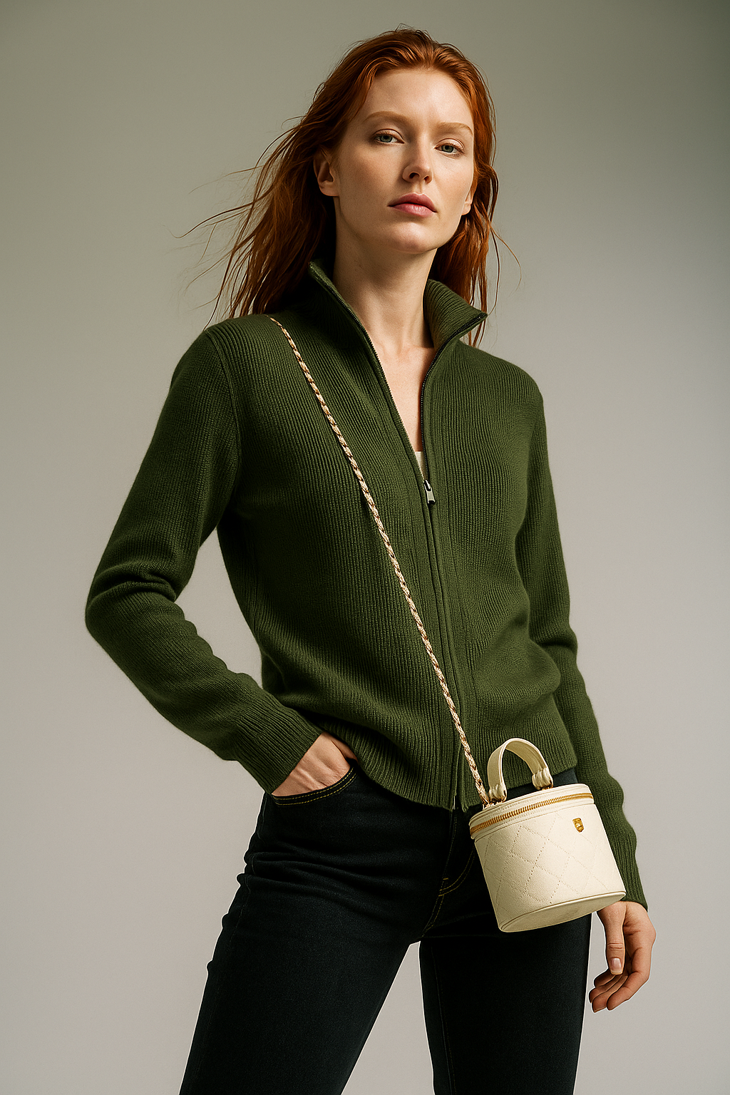 Women's Wool Zip Cardigan – Knitted Cardigan with High Collar