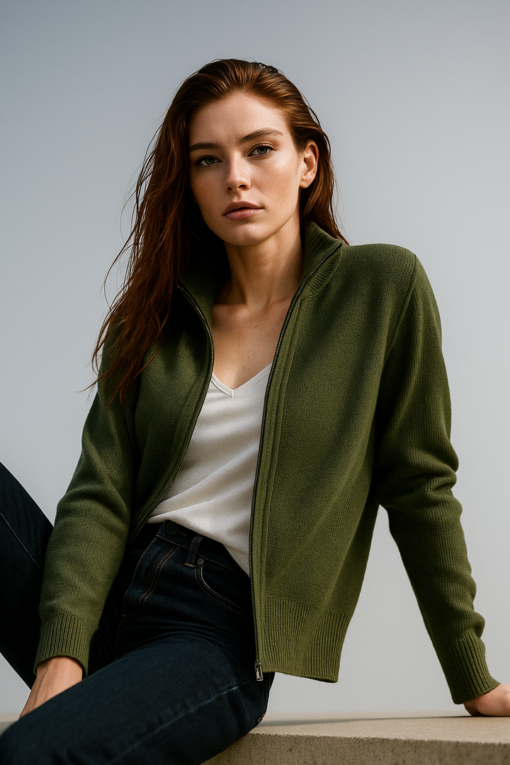 Women's Wool Zip Cardigan – Knitted Cardigan with High Collar