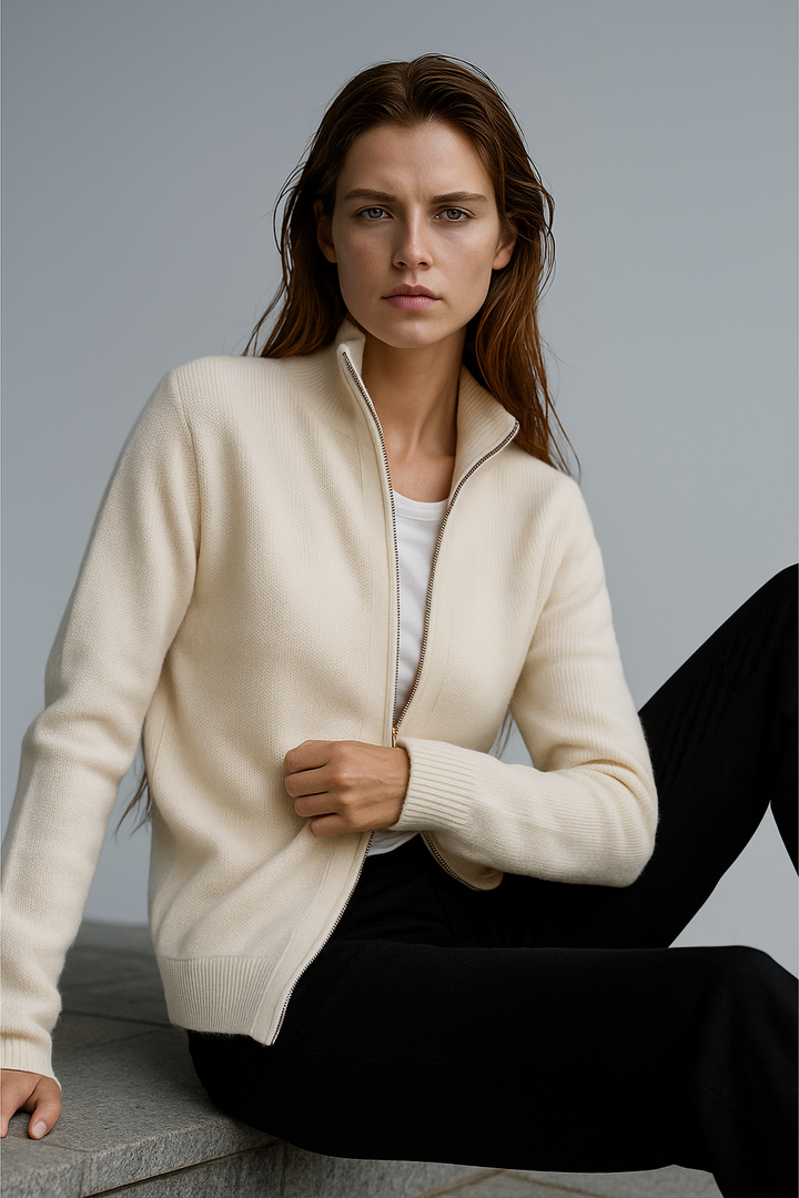 Women's Wool Zip Cardigan – Knitted Cardigan with High Collar