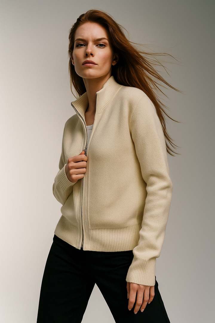Women's Wool Zip Cardigan – Knitted Cardigan with High Collar