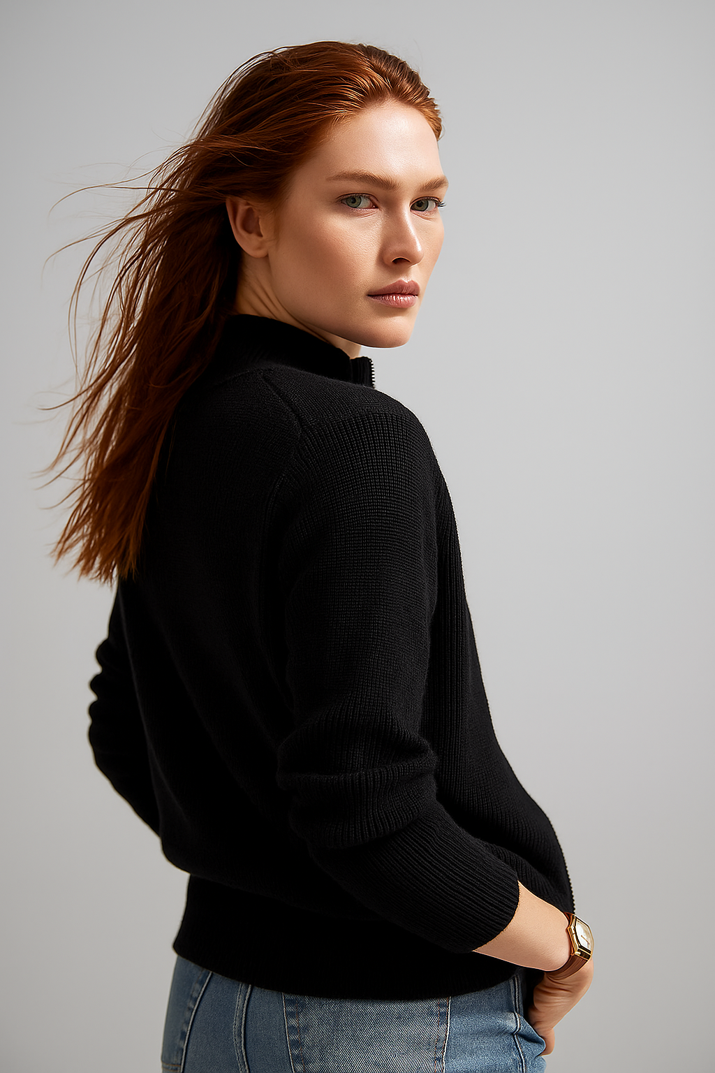 Women's Wool Zip Cardigan – Knitted Cardigan with High Collar