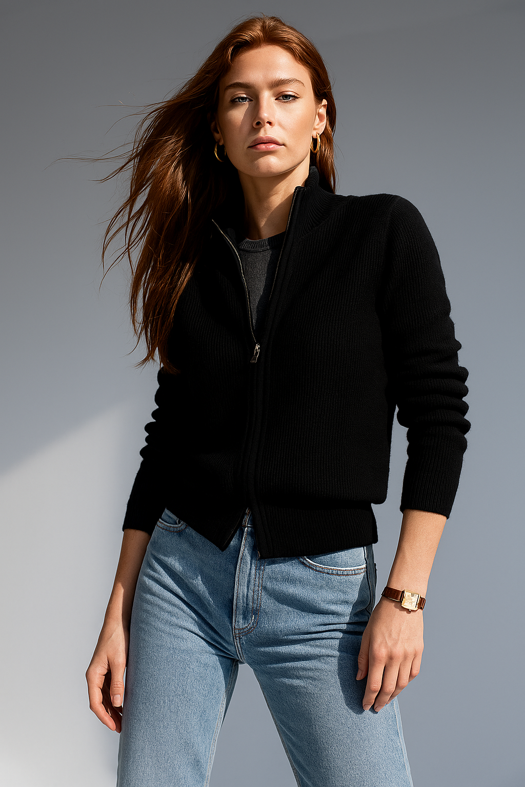 Women's Wool Zip Cardigan – Knitted Cardigan with High Collar