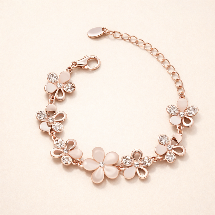 Elegant rose flower bracelet in rose gold.