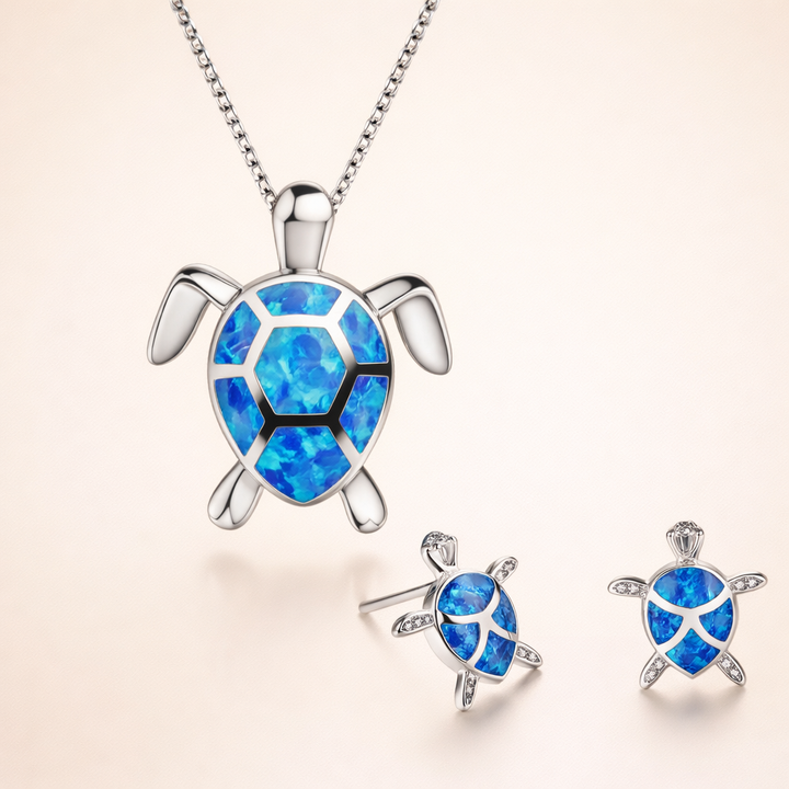 Sea Turtle Necklace + Earrings Set in Opal and Silver