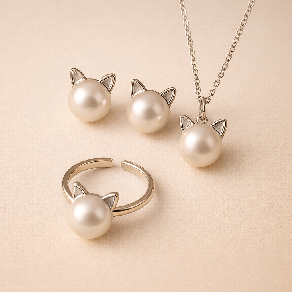 Beautiful Pearl Cat Necklace with Bonus Earrings + Ring