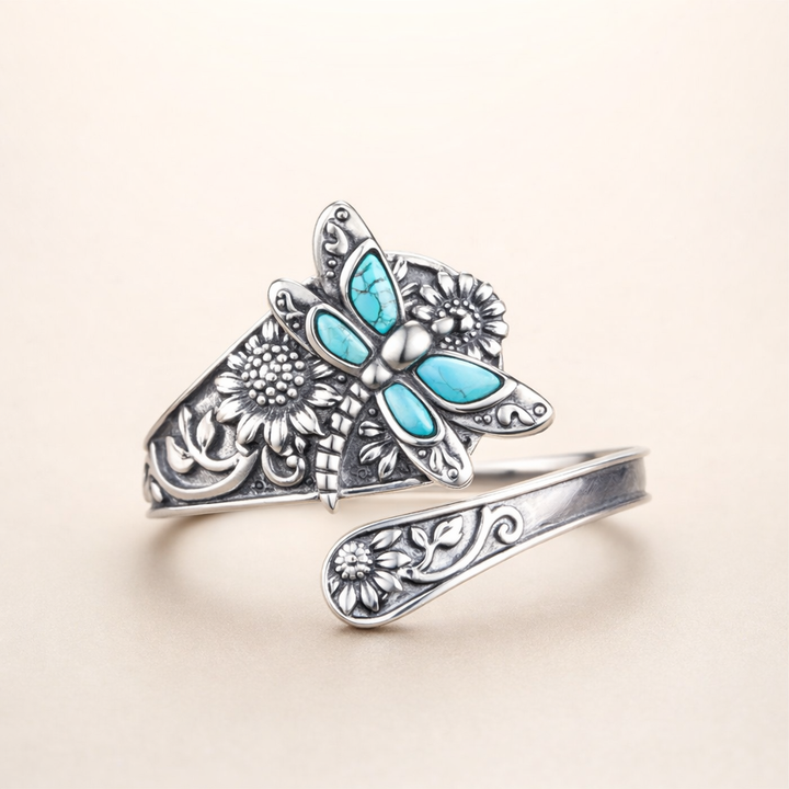 Sterling Silver Turquoise Spoon Ring – Vintage Boho Wrap Ring with Dragonfly