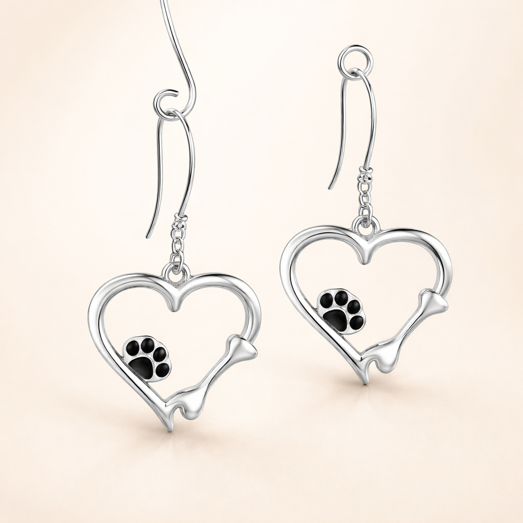 Silver Dangle Earrings with Heart & Paw Design