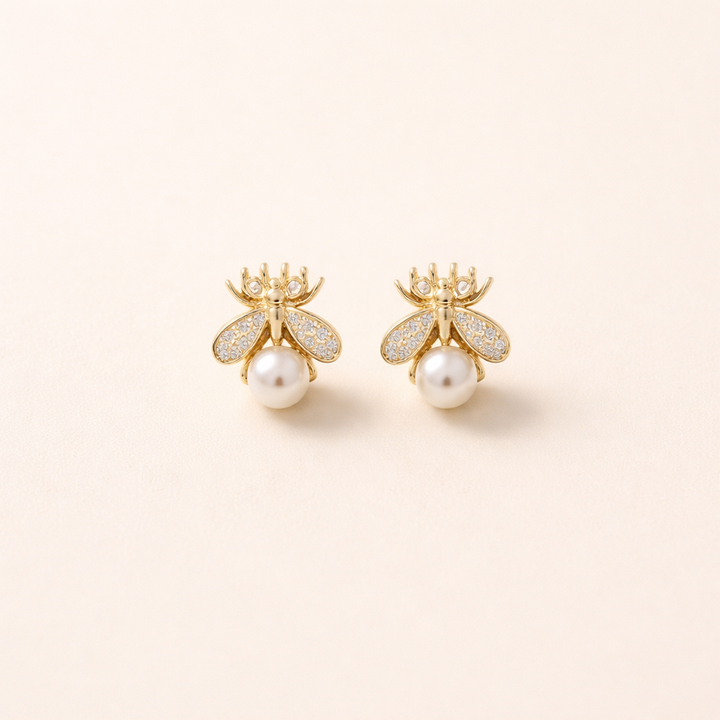 Honeybee Pearl Stud Earrings – Elegant Gold Jewelry for Women