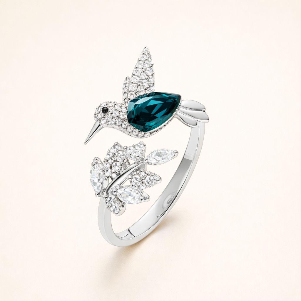 Adjustable Hummingbird Sparkle Ring with Rhinestone Diamond