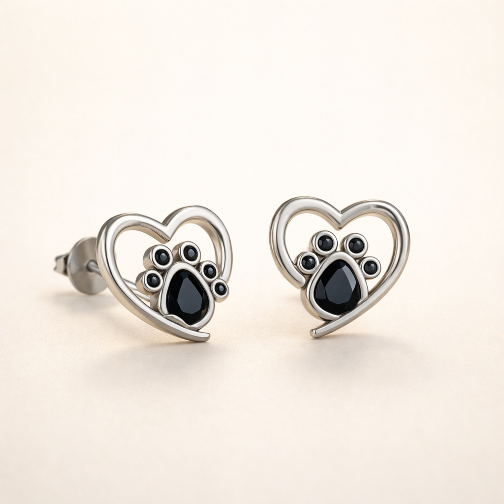 Heart Paw Stud Earrings – Silver with Black Enamel