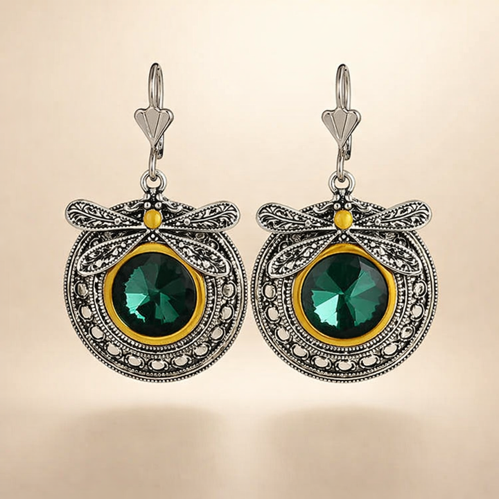 Vintage Green Cubic Zirconia Dragonfly Earrings