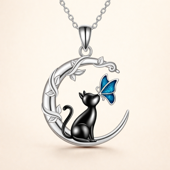 Moon Cat Butterfly Crystal Pendant Necklace