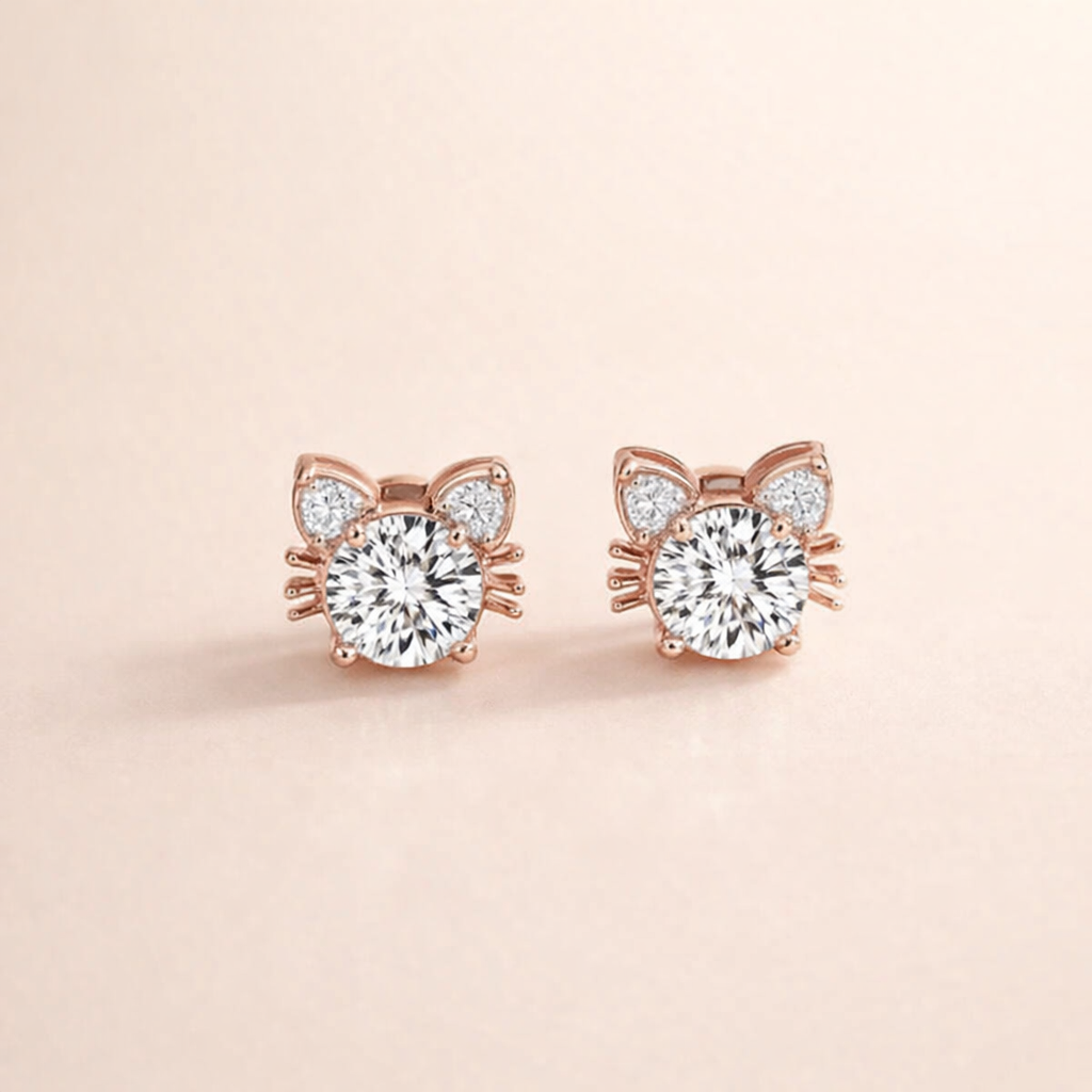 Moissanite Pink Gold Cat Stud Earrings in Sterling Silver