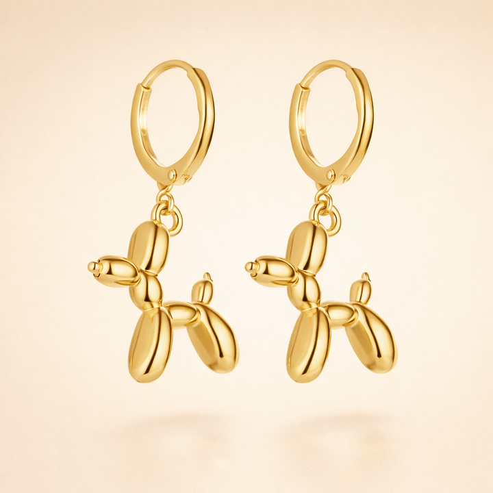 Gold Huggie Earrings with Mini Balloon Dog Charm