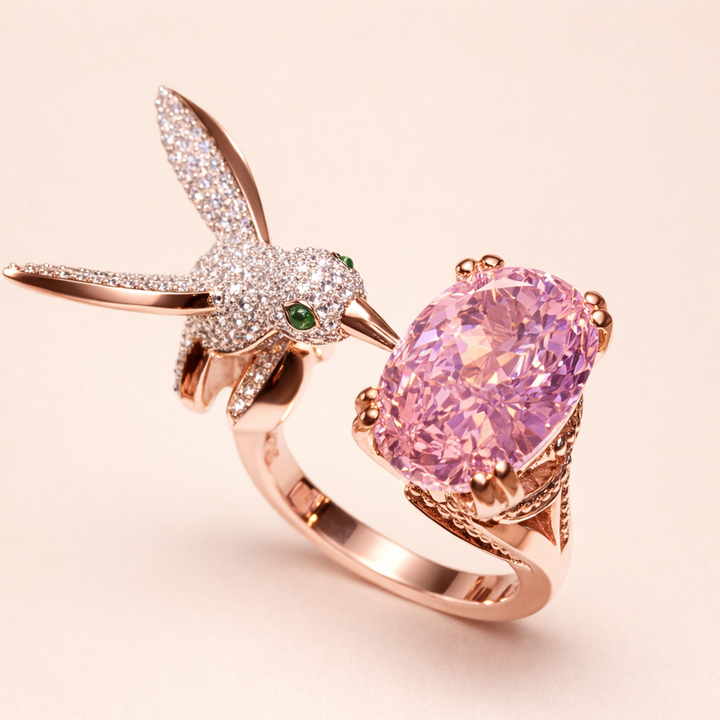 Adjustable Hummingbird Gemstone Ring – Zircon, 14K Gold Plated