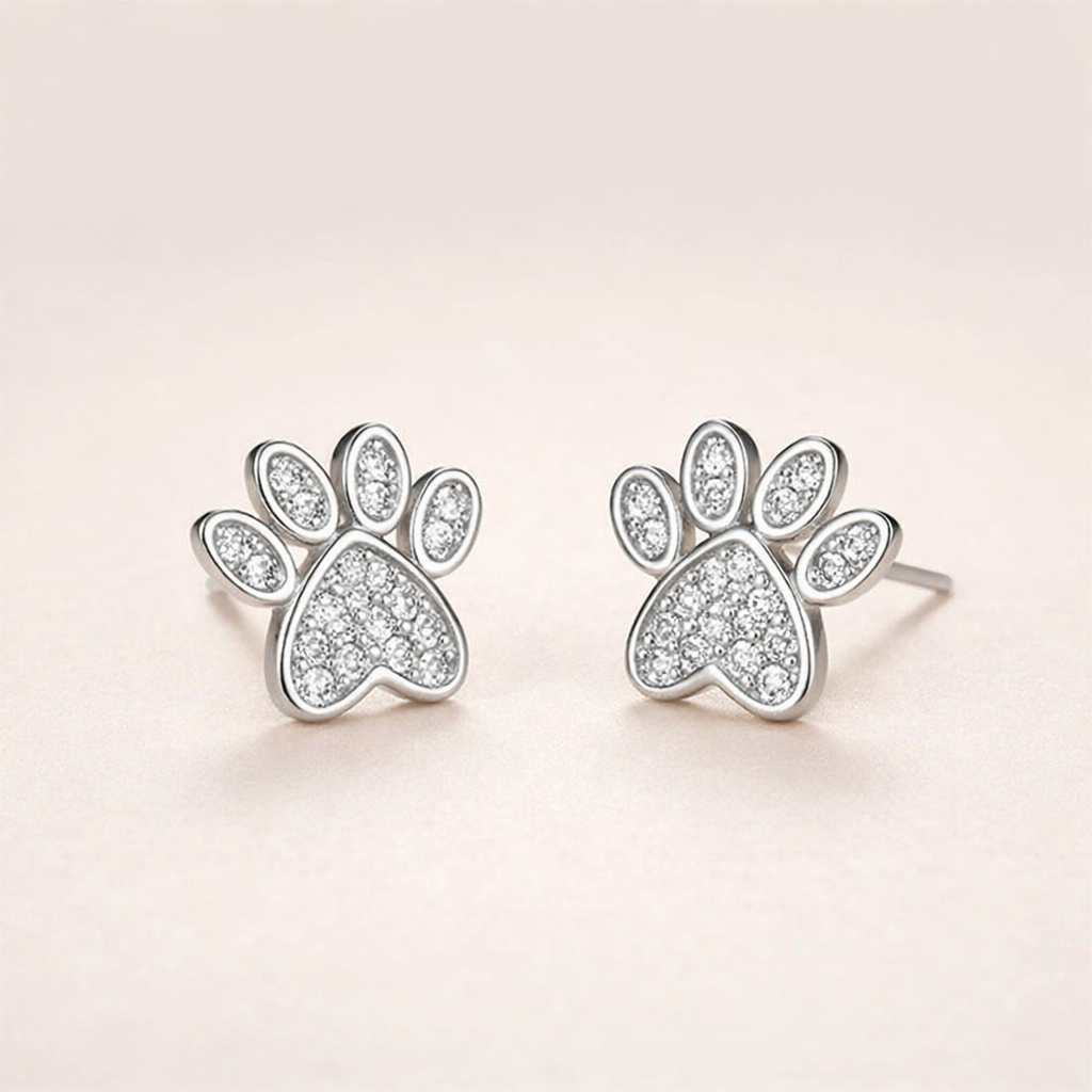 White Cubic Zirconia Paw Studs – Heart-Shaped Design