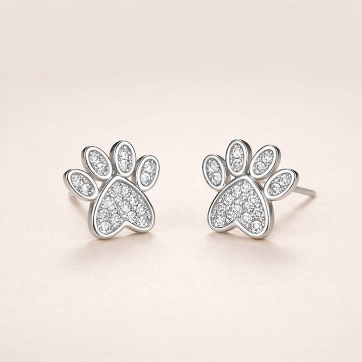 White Cubic Zirconia Paw Studs – Heart-Shaped Design