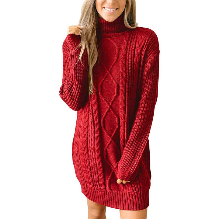 Women's Polo Neck Dress with Cable Knit – Sweater Dress