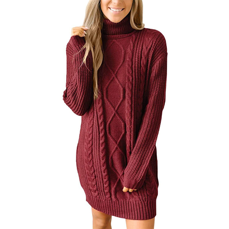 Women's Polo Neck Dress with Cable Knit – Sweater Dress