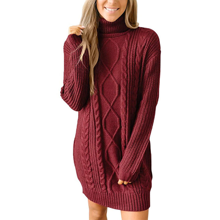 Women's Polo Neck Dress with Cable Knit – Sweater Dress
