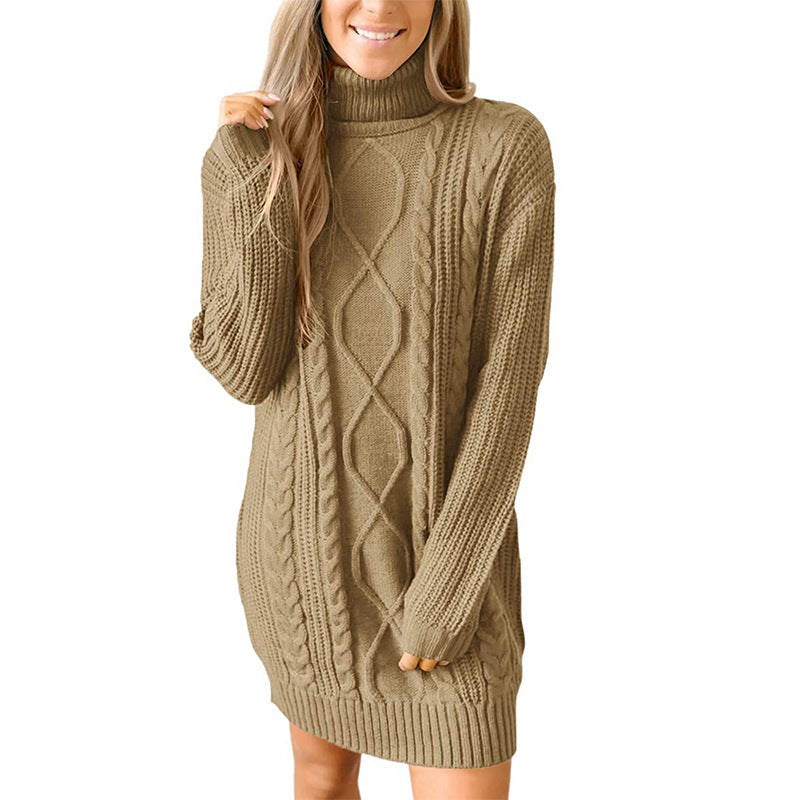 Women's Polo Neck Dress with Cable Knit – Sweater Dress